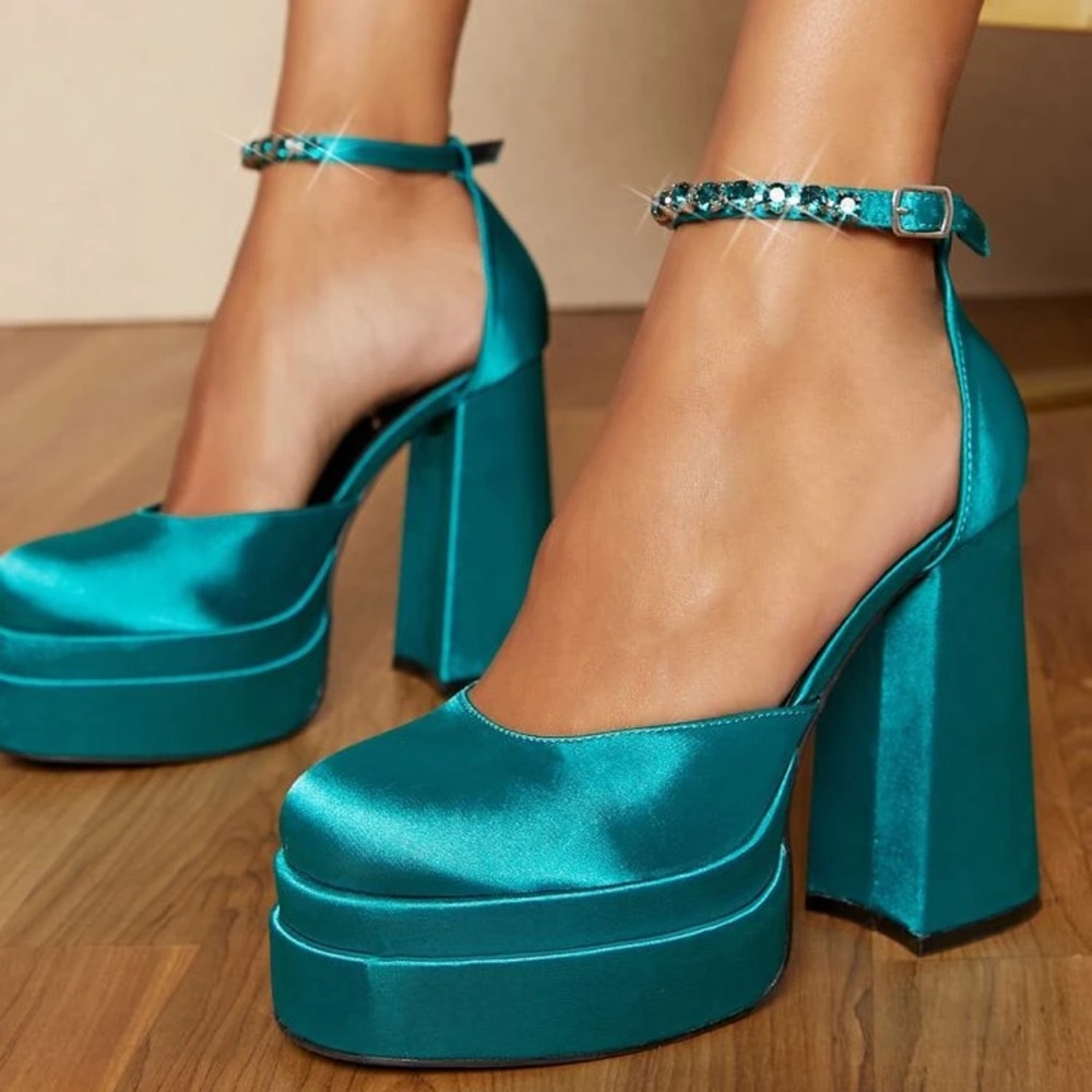 Teal platform block heel with jewel straps
